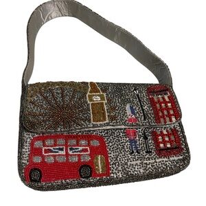 Beaded London Scene Shoulder Bag in Silver and Red